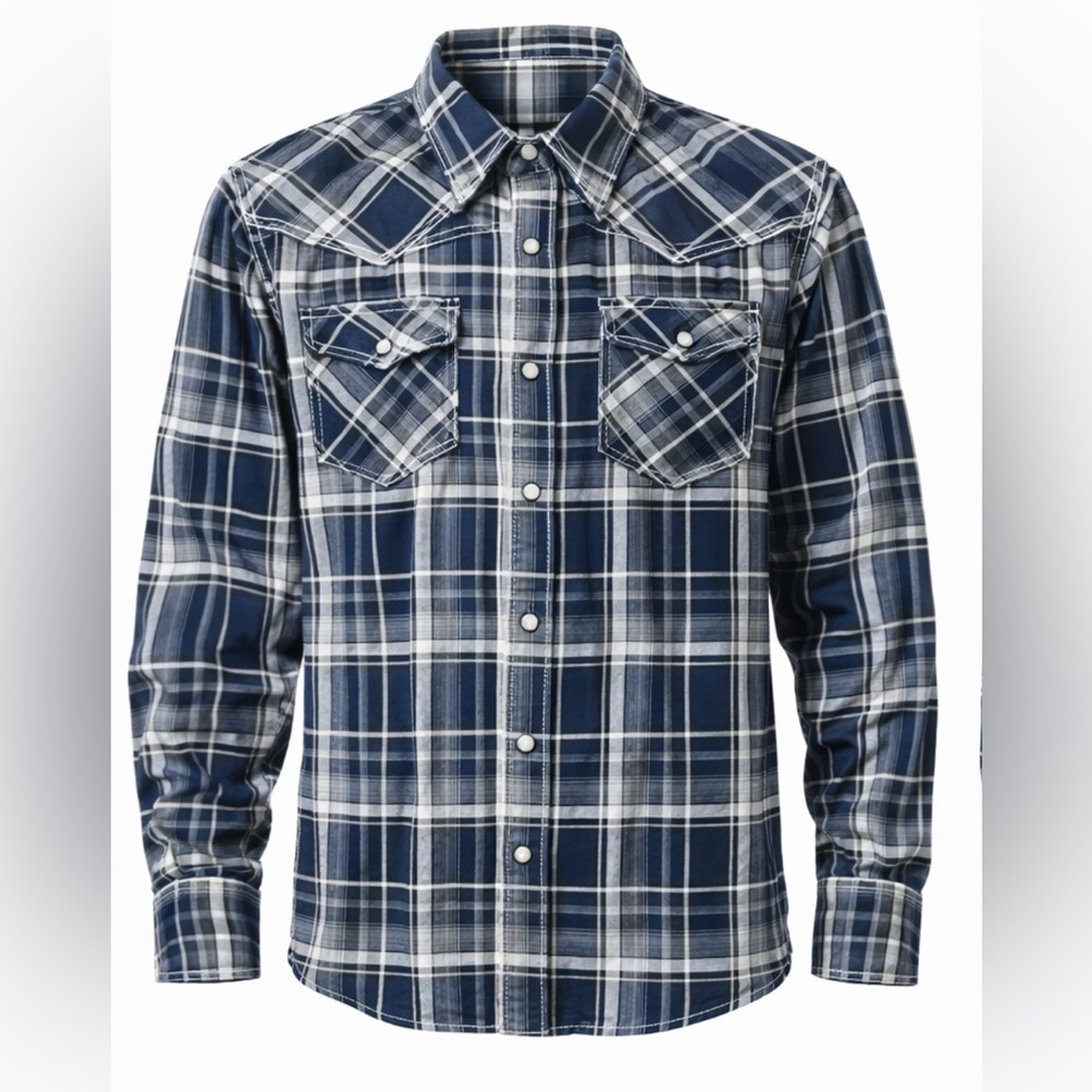 BKE Buckle Western Pearl Snaps Shirt Blue Plaid Flannel Men’s Size Medium